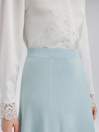 Rhinestone Lace Knit Elasticated Skirt