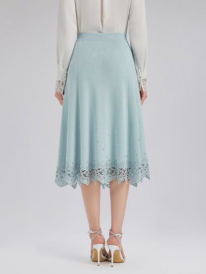 Rhinestone Lace Knit Elasticated Skirt