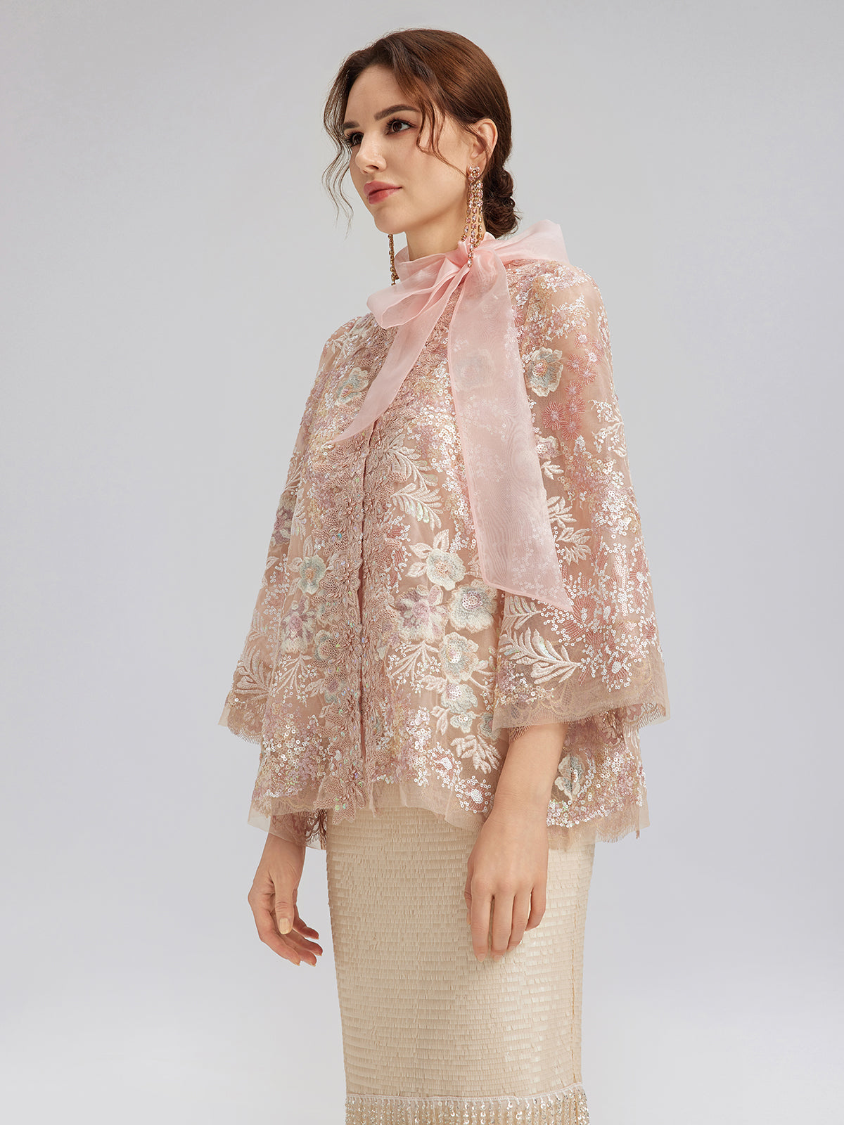 Sequin-Embroidered Detachable-Tie Jacket