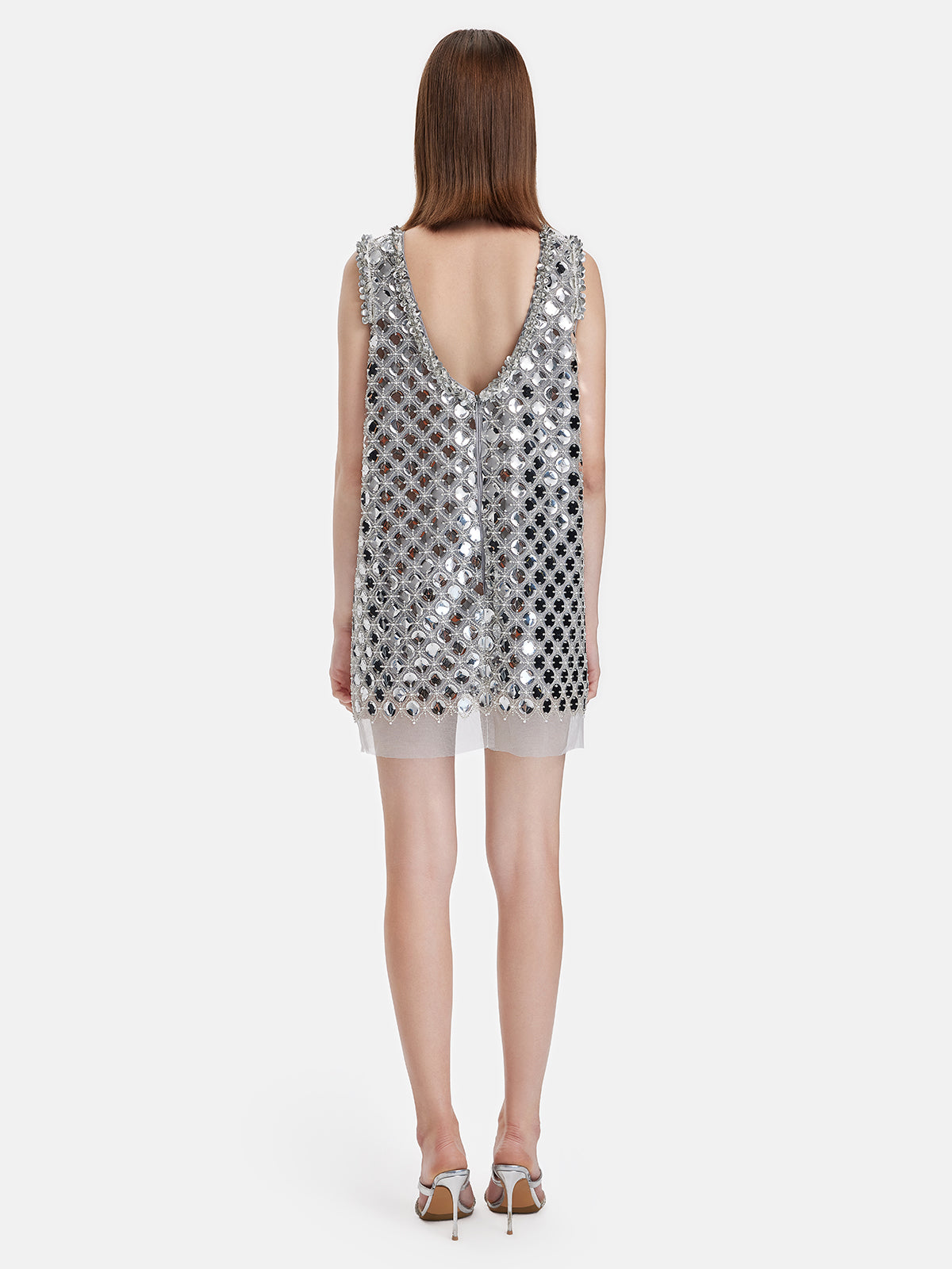 Futuristic Metallic Sequins Hand-Sewn Backless Dress