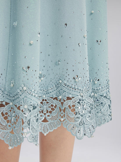 Rhinestone Lace Knit Elasticated Skirt