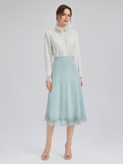 Rhinestone Lace Knit Elasticated Skirt