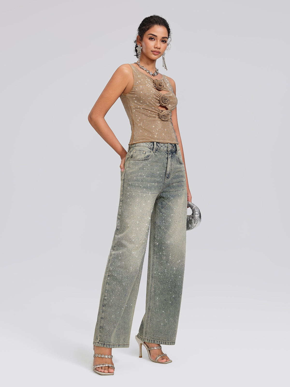 Rhinestone Rose Cutout Mesh Vest