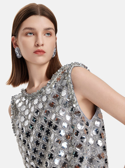 Futuristic Metallic Sequins Hand-Sewn Backless Dress