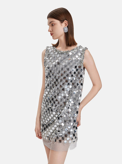 Futuristic Metallic Sequins Hand-Sewn Backless Dress