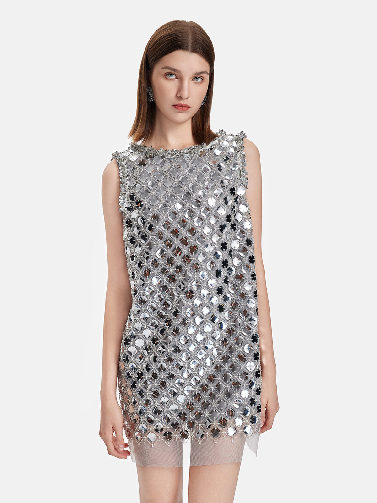 Futuristic Metallic Sequins Hand-Sewn Backless Dress