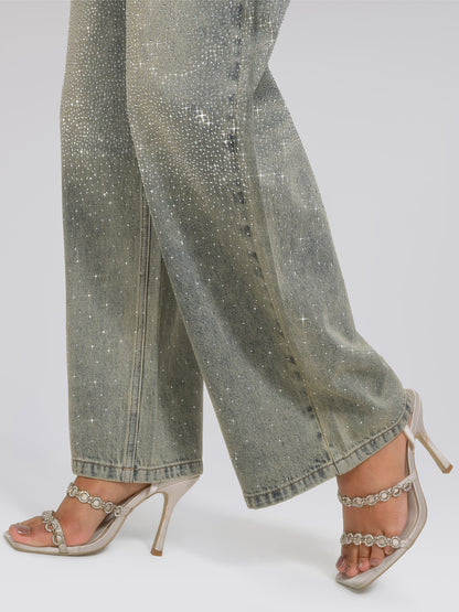 Rhinestone Washed Denim Straight-Leg Pants
