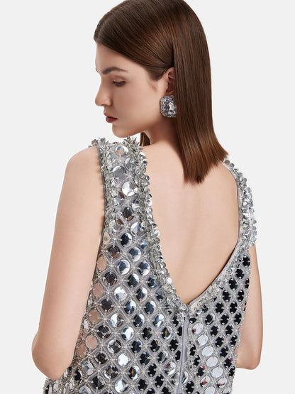 Futuristic Metallic Sequins Hand-Sewn Backless Dress