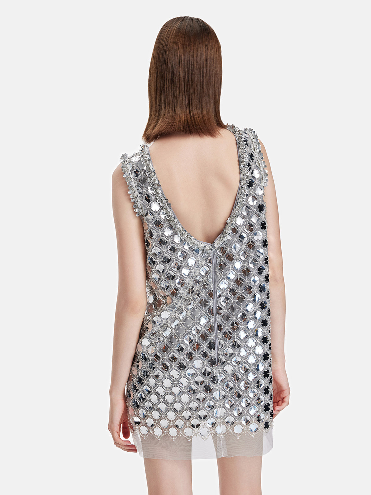 Futuristic Metallic Sequins Hand-Sewn Backless Dress