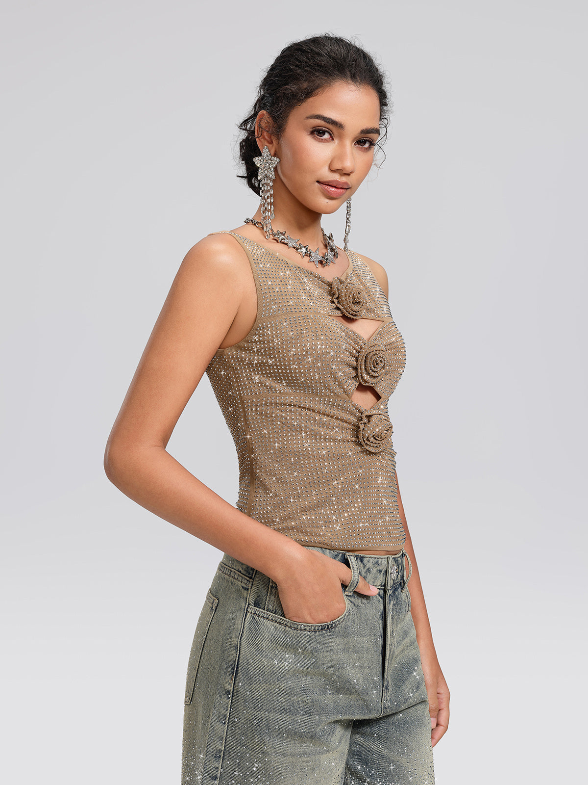 Rhinestone Rose Cutout Mesh Vest