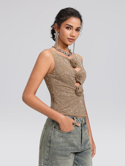 Rhinestone Rose Cutout Mesh Vest