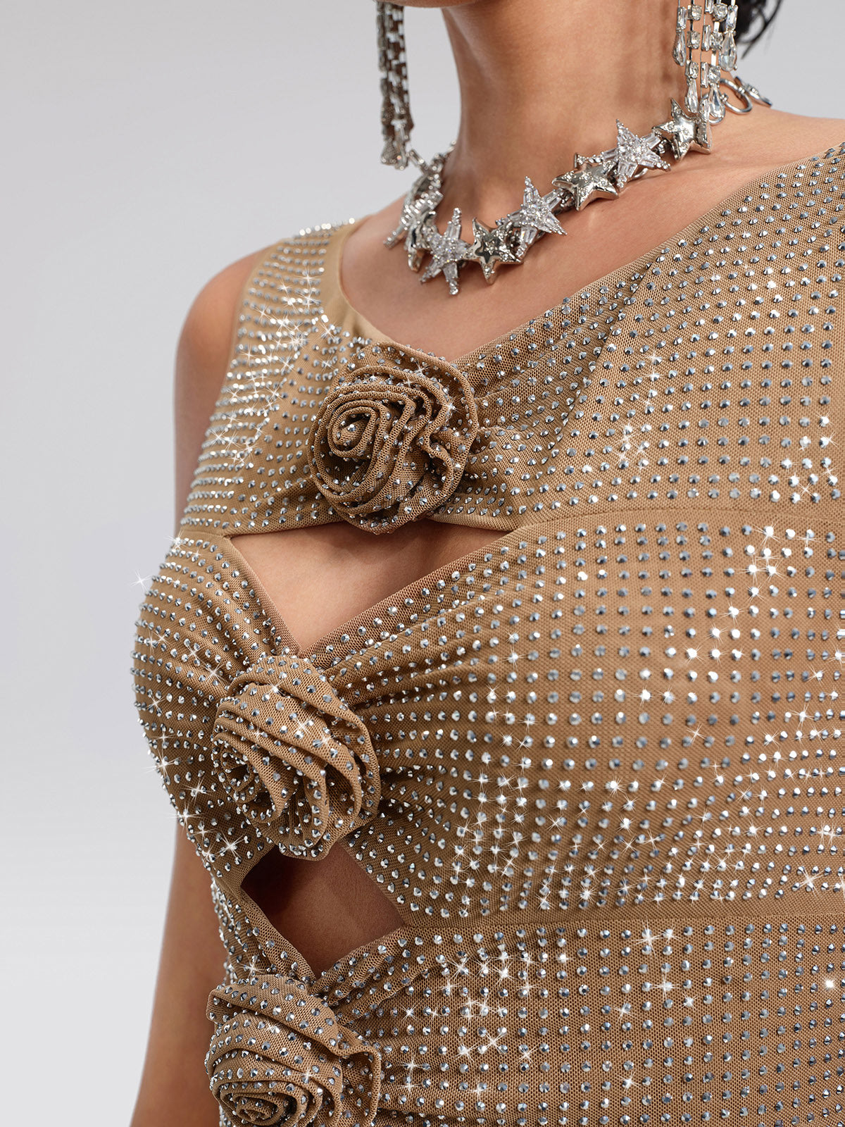Rhinestone Rose Cutout Mesh Vest