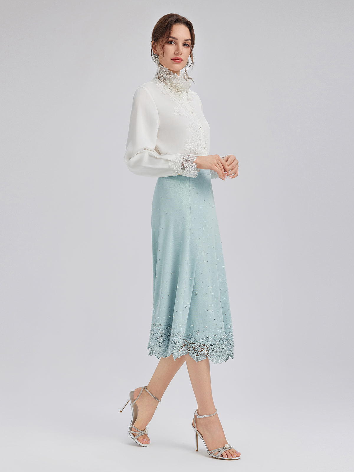 Rhinestone Lace Knit Elasticated Skirt