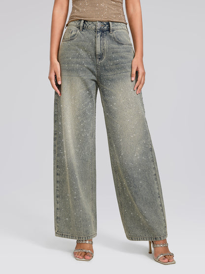 Rhinestone Washed Denim Straight-Leg Pants