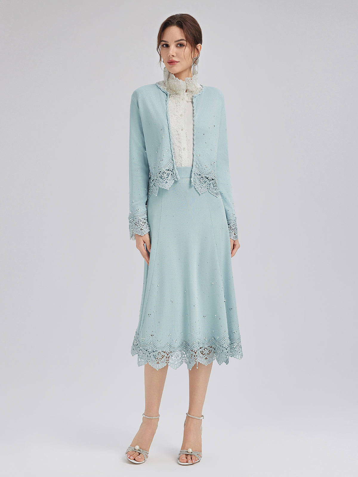 Rhinestone Lace Knit Elasticated Skirt