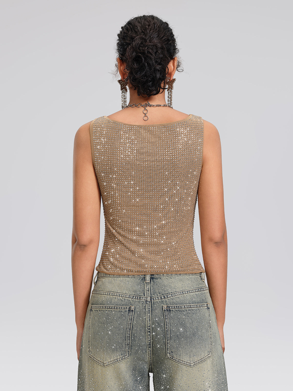 Rhinestone Rose Cutout Mesh Vest