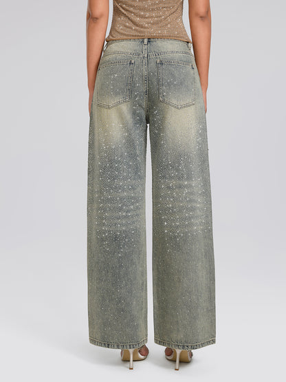 Rhinestone Washed Denim Straight-Leg Pants
