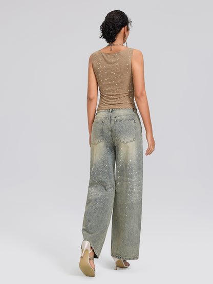 Rhinestone Washed Denim Straight-Leg Pants