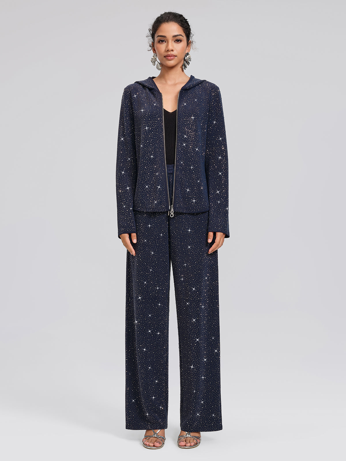 Navy Rhinestones Knit Drawstring Wide-Leg Pants