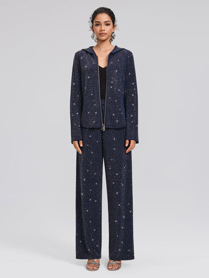 Navy Rhinestones Knit Drawstring Wide-Leg Pants