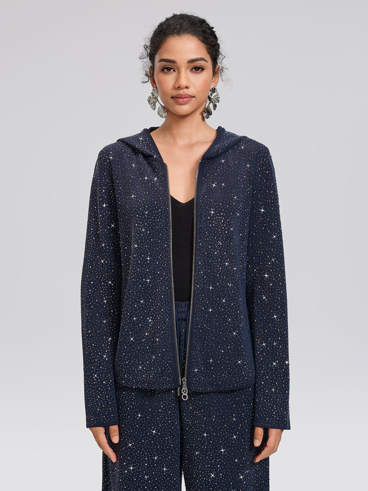 Rhinestones Knit Relaxed Hooded Jacket