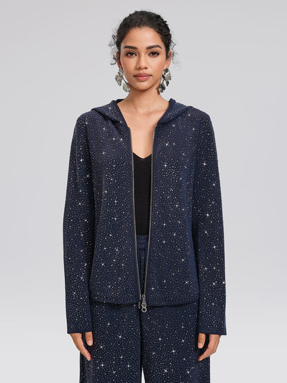 Rhinestones Knit Relaxed Hooded Jacket