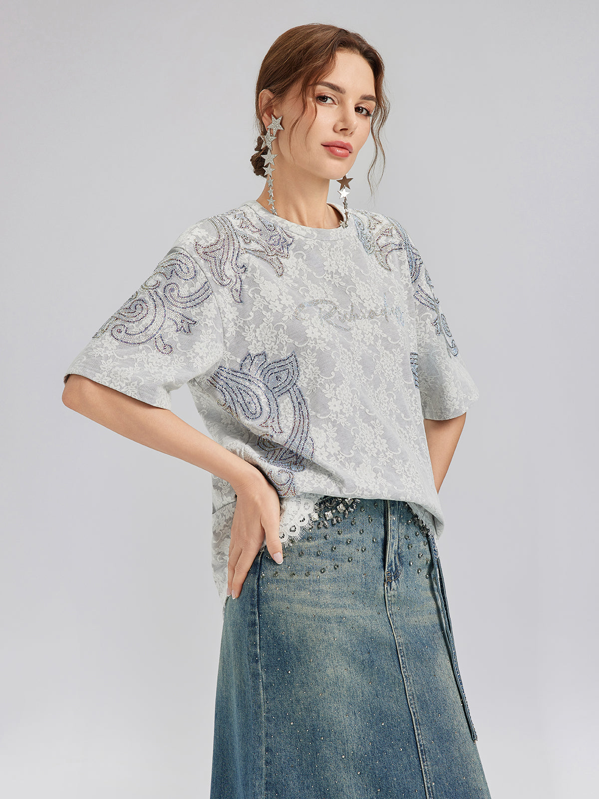 Hand-Beaded Rhinestone Waist Denim Skirt