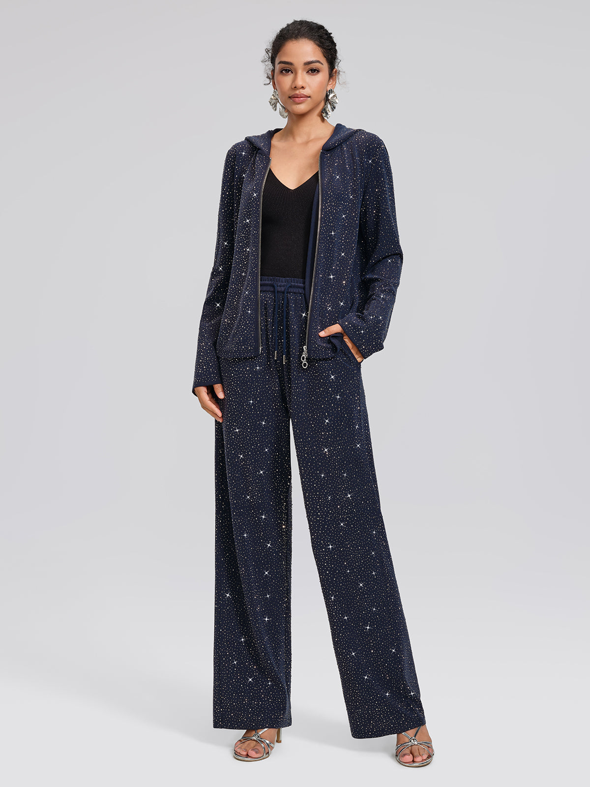 Navy Rhinestones Knit Drawstring Wide-Leg Pants