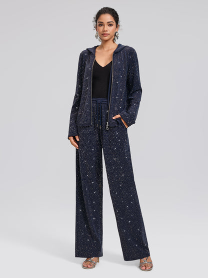 Navy Rhinestones Knit Drawstring Wide-Leg Pants