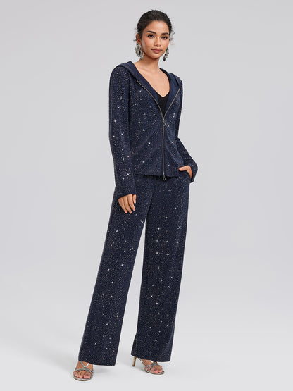 Navy Rhinestones Knit Drawstring Wide-Leg Pants