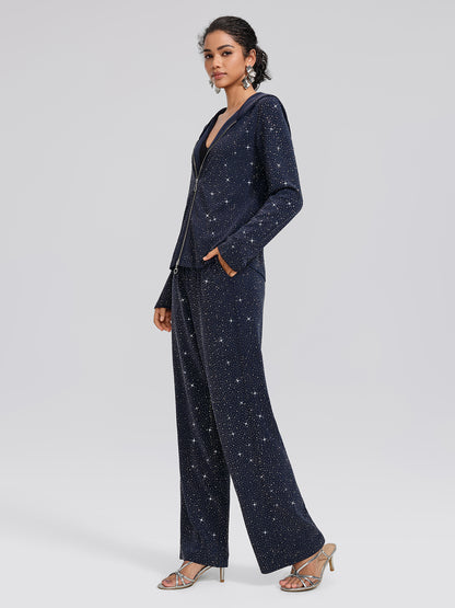 Navy Rhinestones Knit Drawstring Wide-Leg Pants