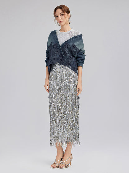 Lace-Paneled Cotton Denim Jacket