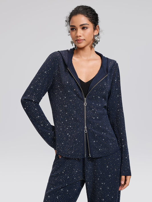 Rhinestones Knit Relaxed Hooded Jacket
