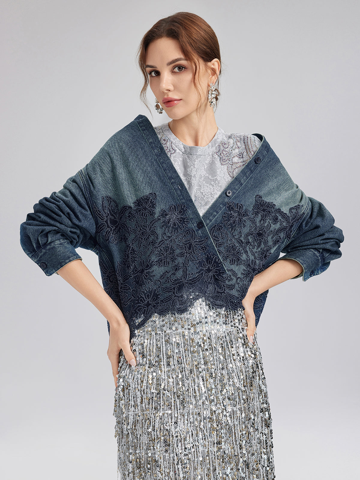 Lace-Paneled Cotton Denim Jacket