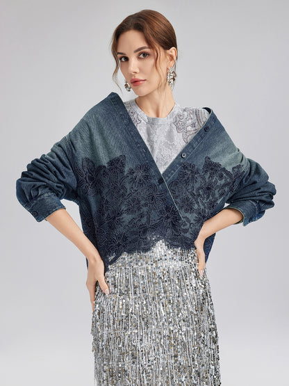 Lace-Paneled Cotton Denim Jacket