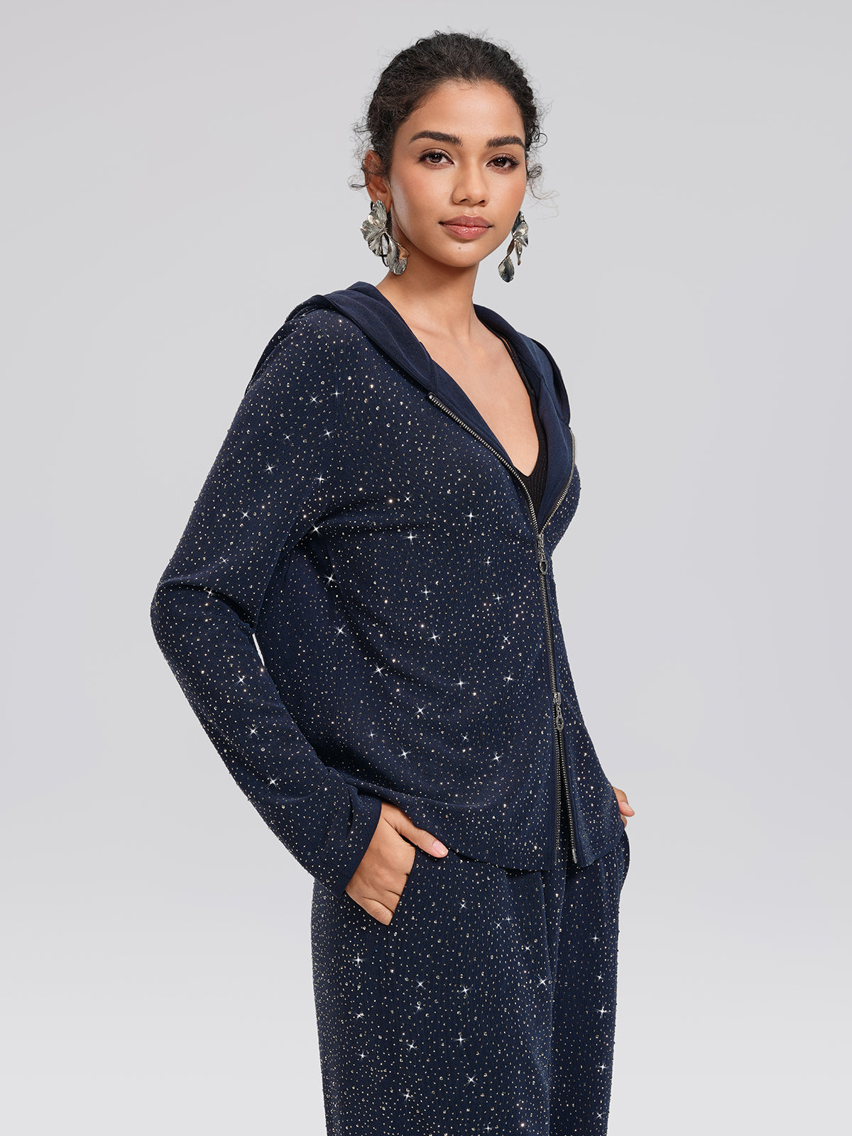 Rhinestones Knit Relaxed Hooded Jacket