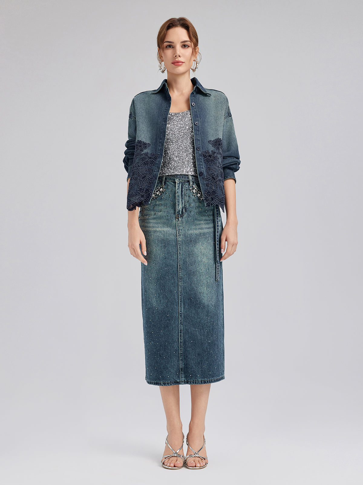 Lace-Paneled Cotton Denim Jacket