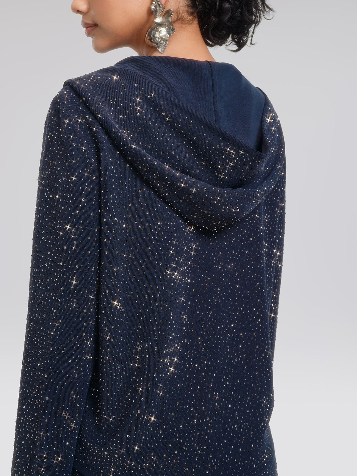 Rhinestones Knit Relaxed Hooded Jacket