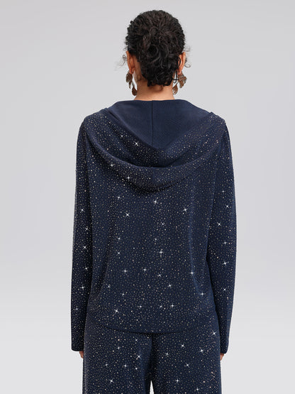 Rhinestones Knit Relaxed Hooded Jacket