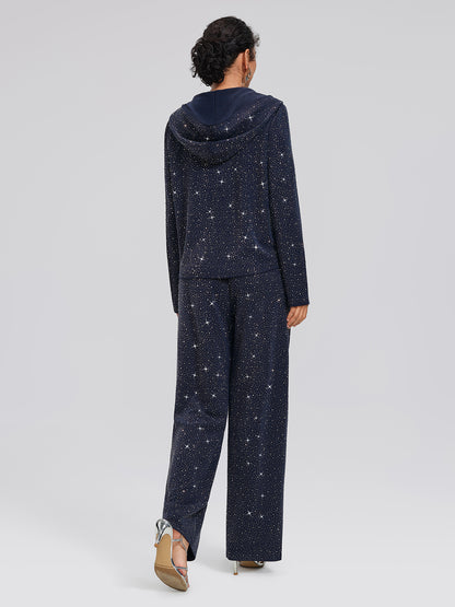 Navy Rhinestones Knit Drawstring Wide-Leg Pants