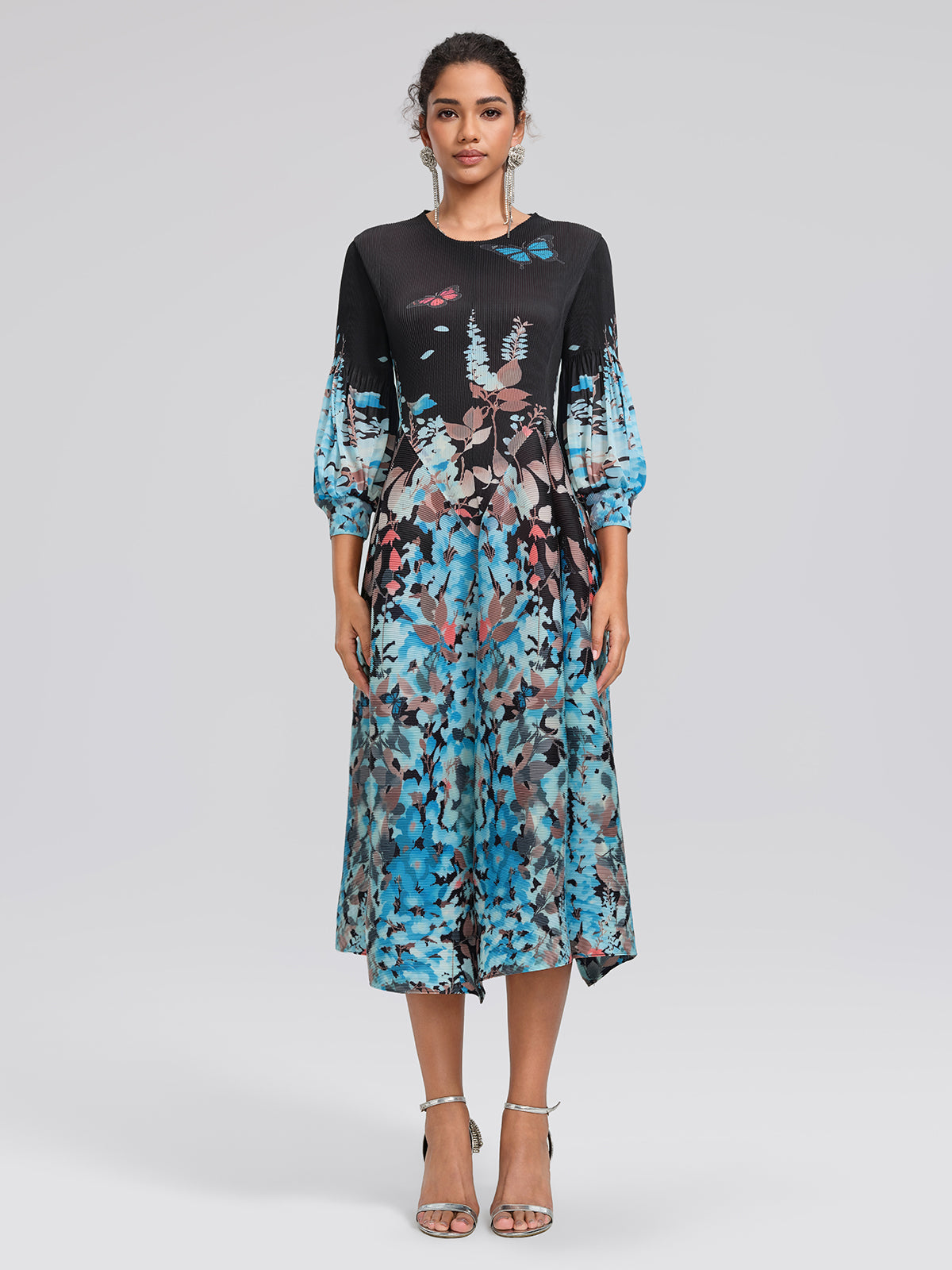 Pleated Printed Lantern-Sleeve Dress
