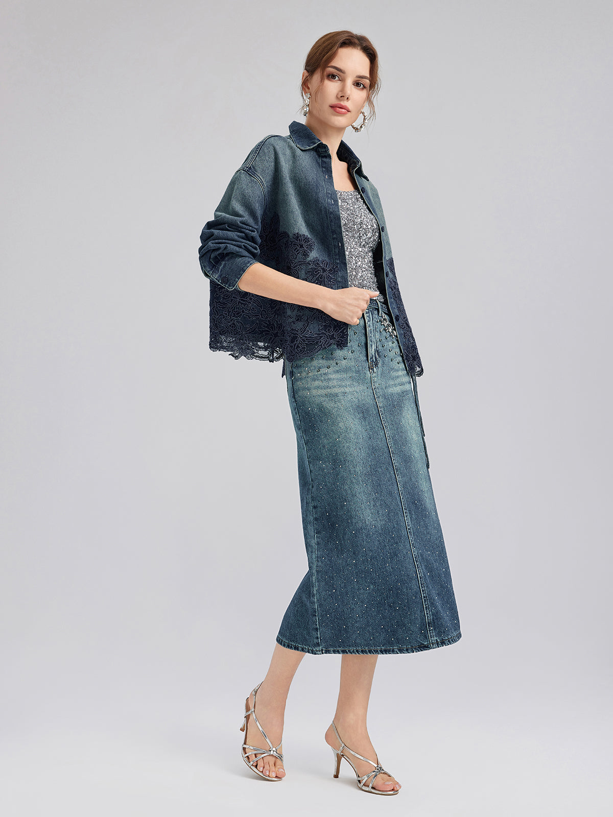 Hand-Beaded Rhinestone Waist Denim Skirt