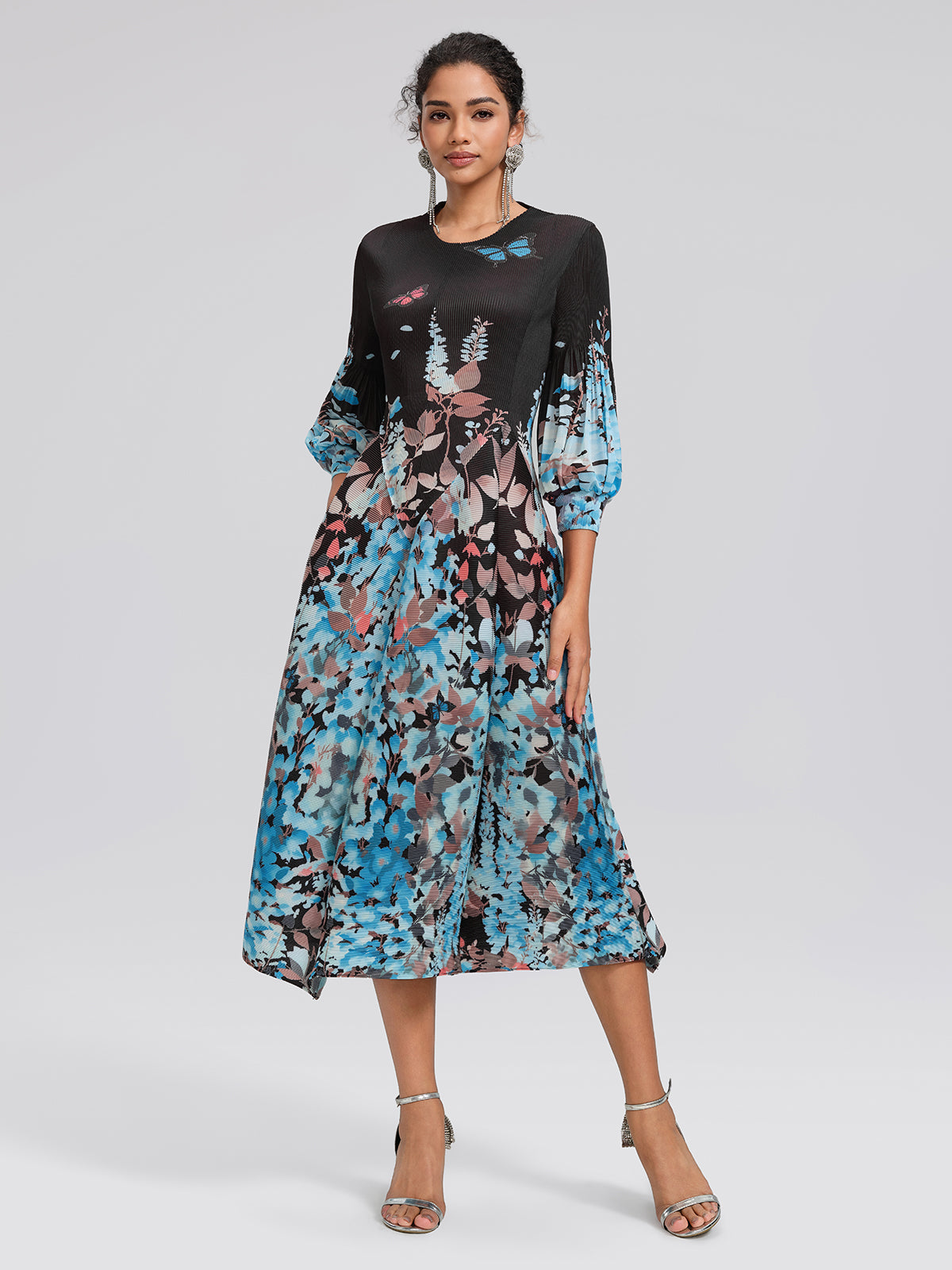Pleated Printed Lantern-Sleeve Dress