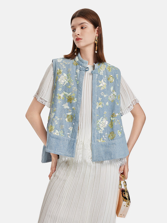 Beaded High-Collar Denim Vest