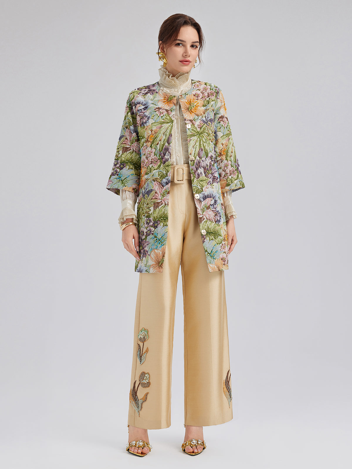 Luxe Floral Sequin Straight-Leg Pants