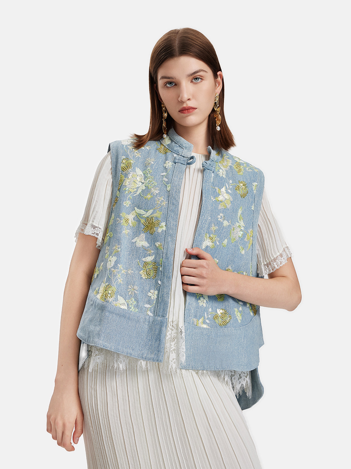 Beaded High-Collar Denim Vest