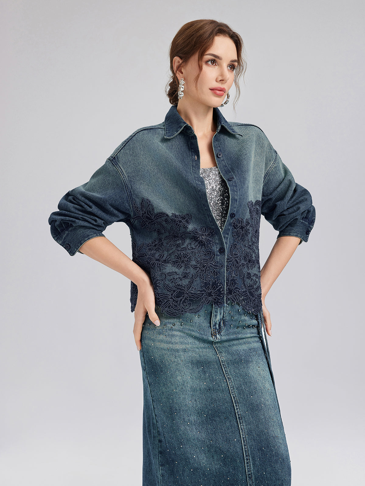 Final Sale | Lace-Paneled Cotton Denim Jacket