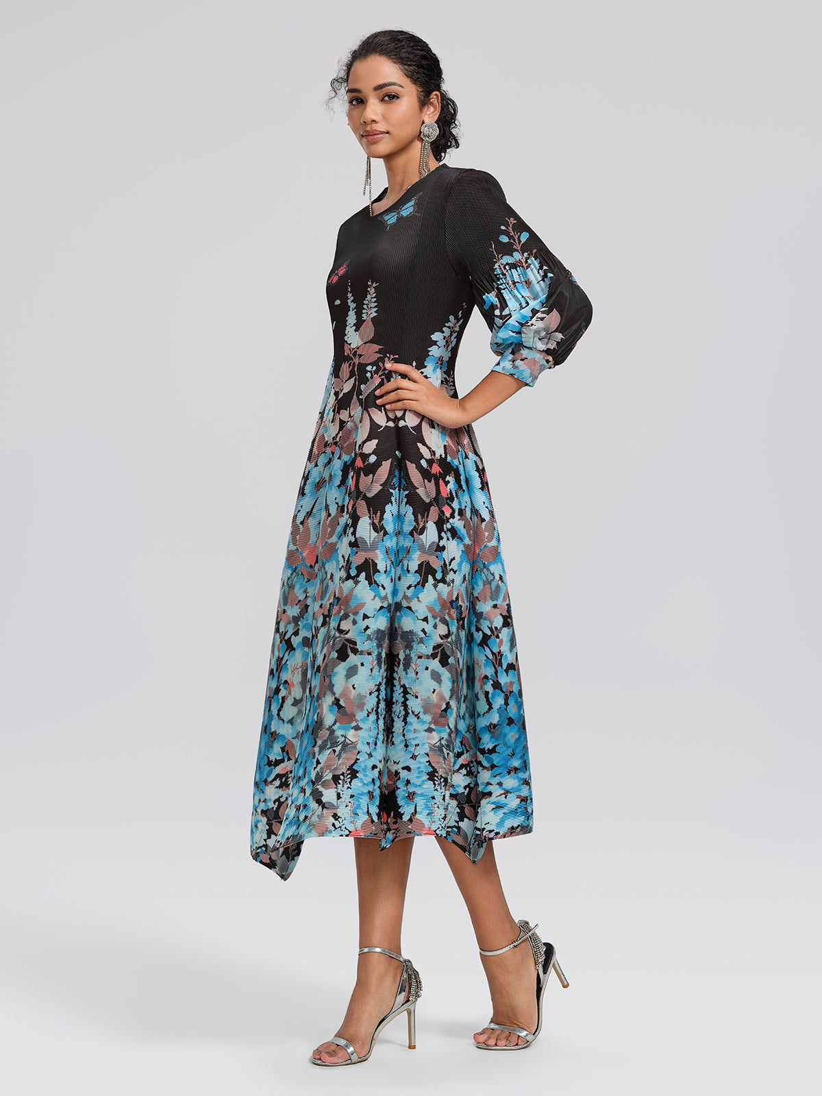 Pleated Printed Lantern-Sleeve Dress