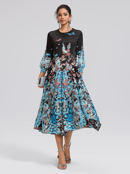 Pleated Printed Lantern-Sleeve Dress