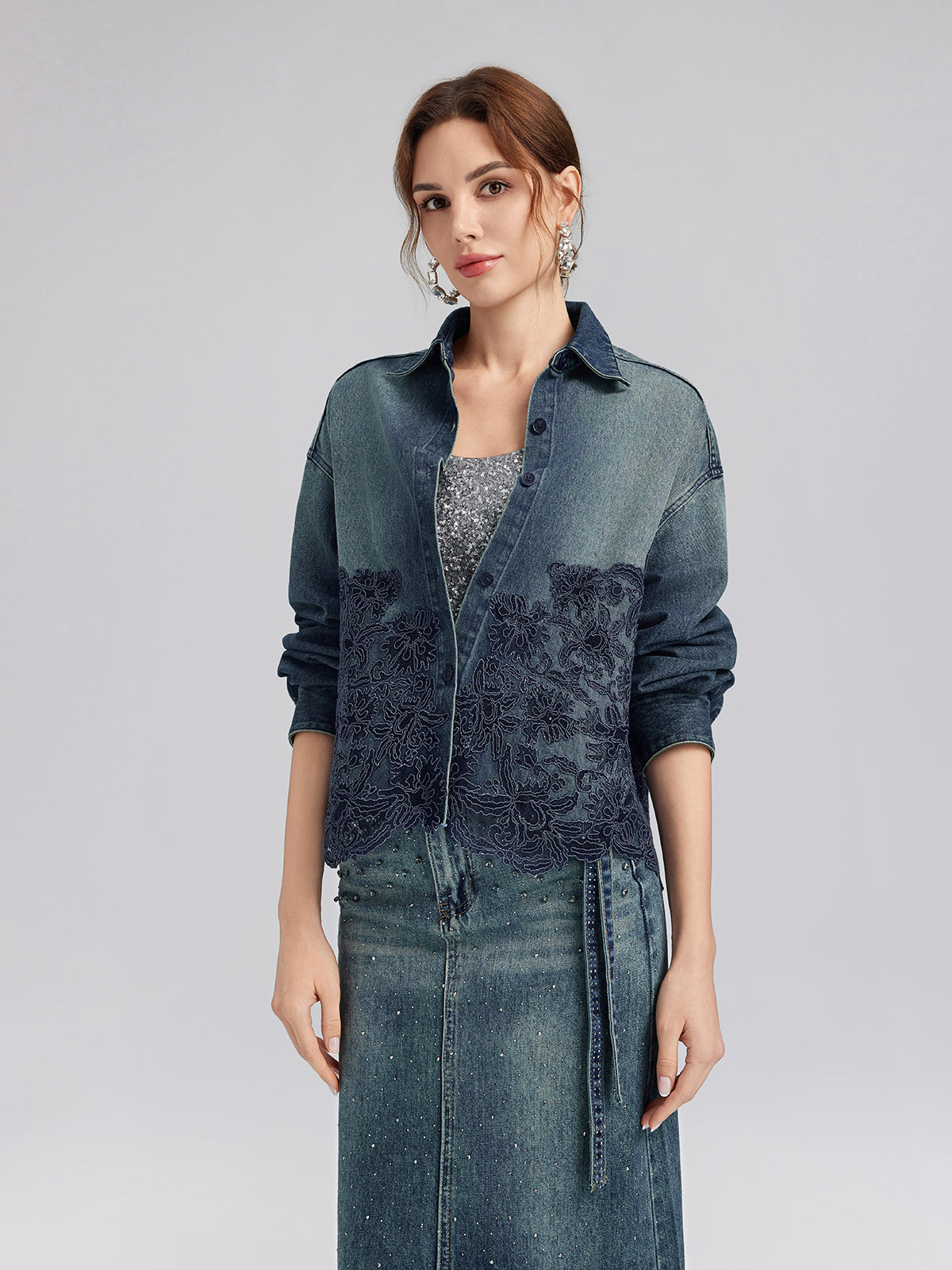Final Sale | Lace-Paneled Cotton Denim Jacket